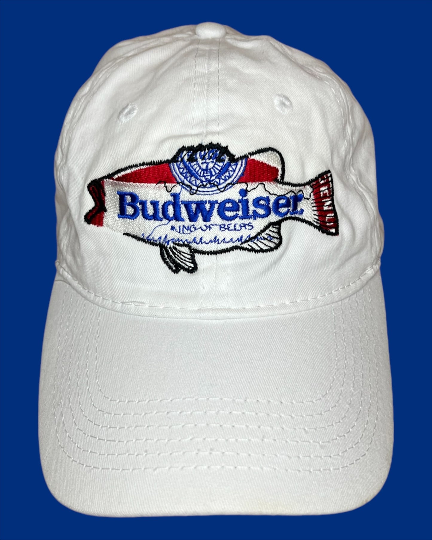 White Budweiser Cap with Red, Black and Blue Embriodery
