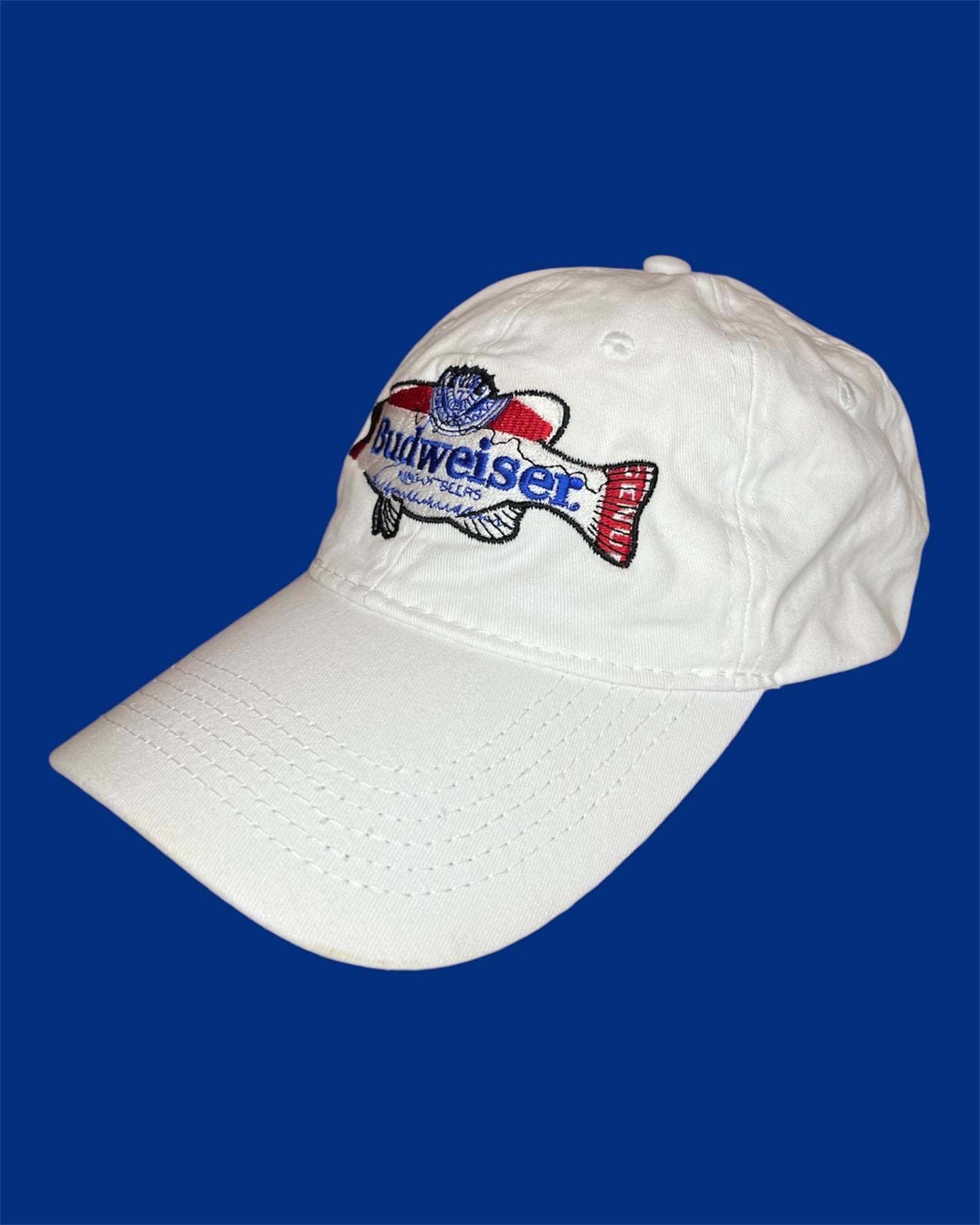 White Budweiser Cap with Red, Black and Blue Embriodery